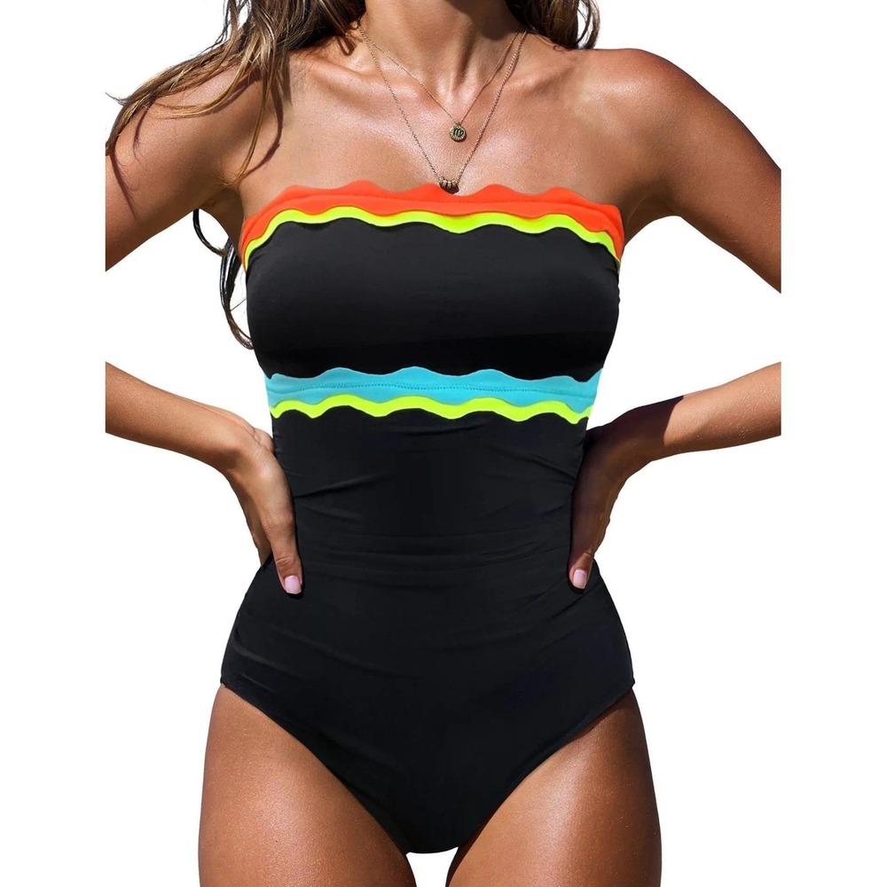 NWT Popvil One Piece Swimsuit Strapless Bandeau Neon Tummy Control Small